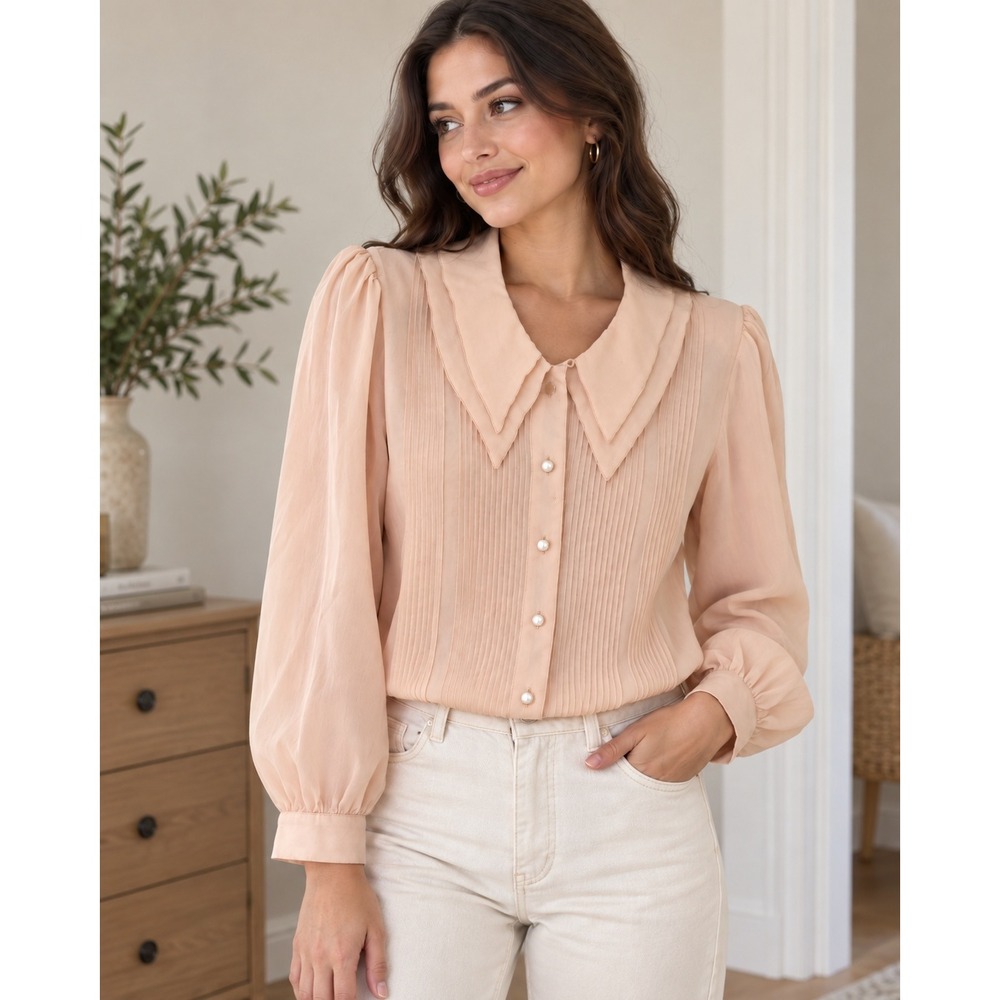 Vintage Chaus Peach Silk Blend Pintuck Pleated Blouse Oversized Collar Size 10